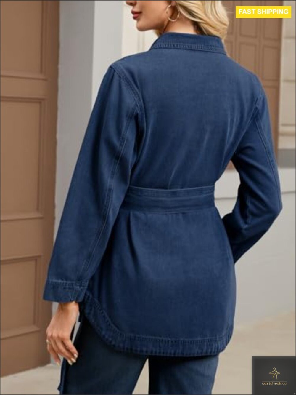 Vintage Washed Denim Jacket Oversized Long Sleeve Button Down Shacket with Tie - Picture 6 of 7